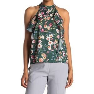Parker Green Floral Draped Ruffle Sleeveless Halter Tank Top NEW Women's XS